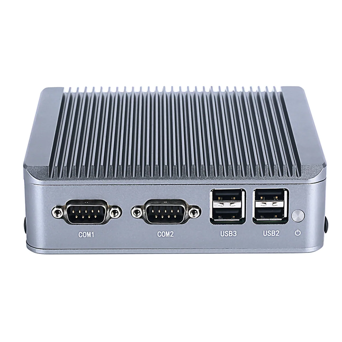Industrial Mini PC front view showing dual serial COM ports, four USB ports, and power button.