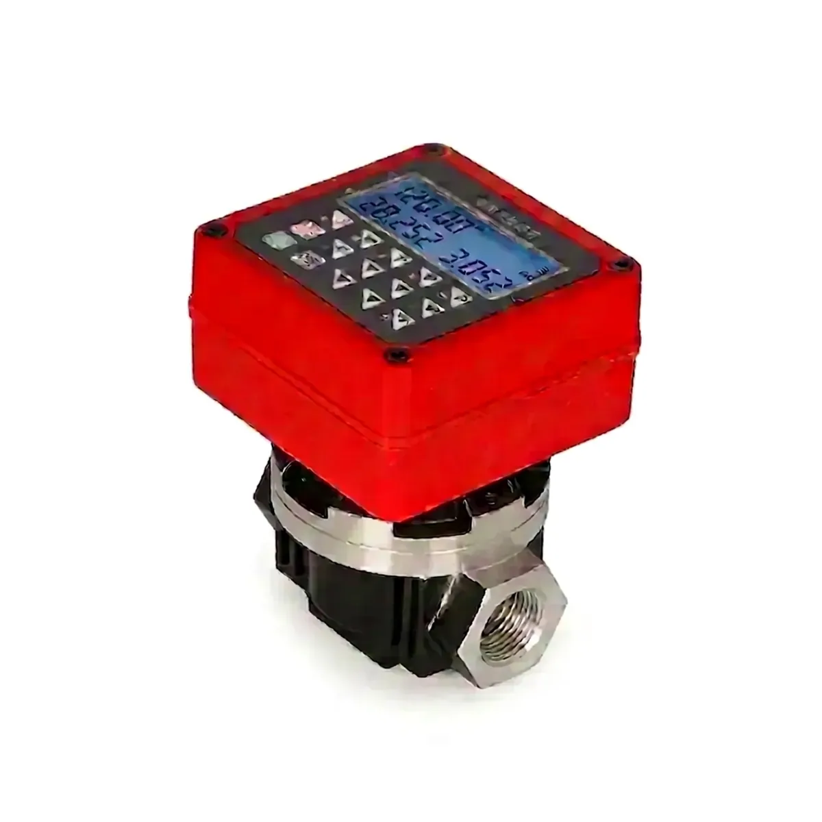Digital diesel flow meter fuel transfer fitting with a red electronic display and threaded metal base.