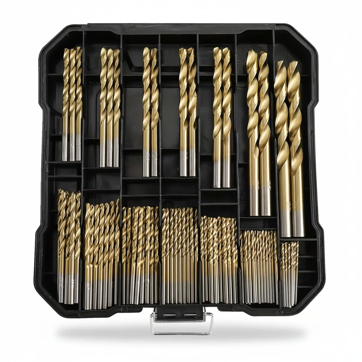 99-piece titanium drill bit set with 135-degree split point tips for reduced walking, includes sizes from 1/16 inch in a durable metal index case.