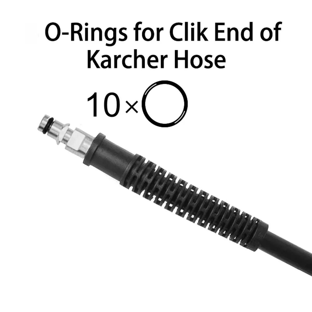 Click end of a pressure washer hose shown with the black O-rings that seal the connector