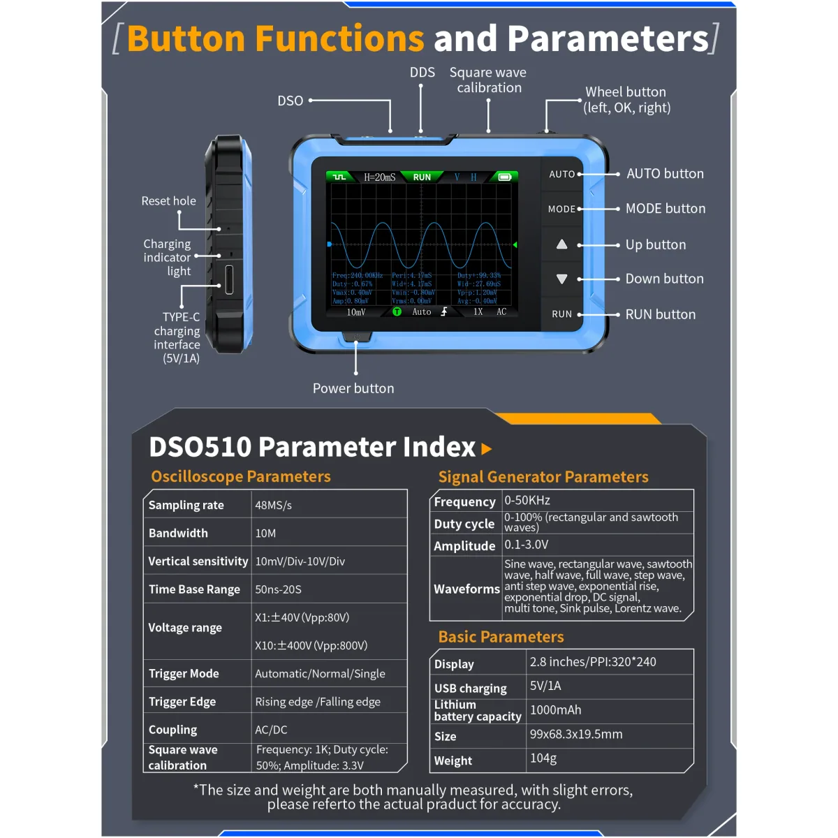 Pocket Handheld Oscilloscope DSO510/DSO153/DSO152 | Up to 10MHz | 2.8in - Thumbnail 5