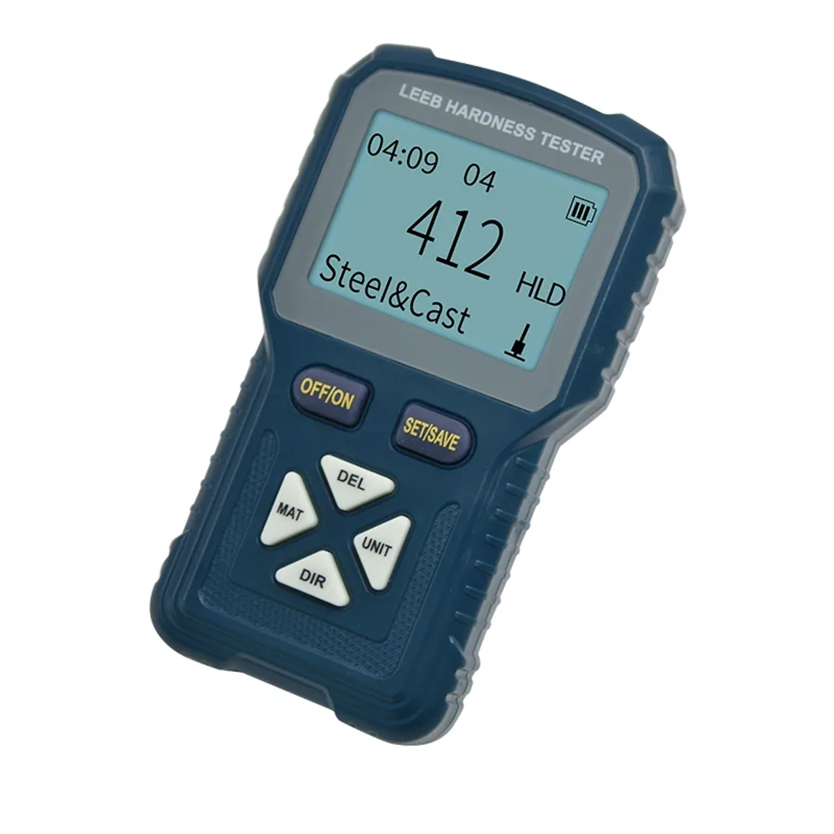Handheld Leeb hardness tester with a backlit LCD display and button keypad