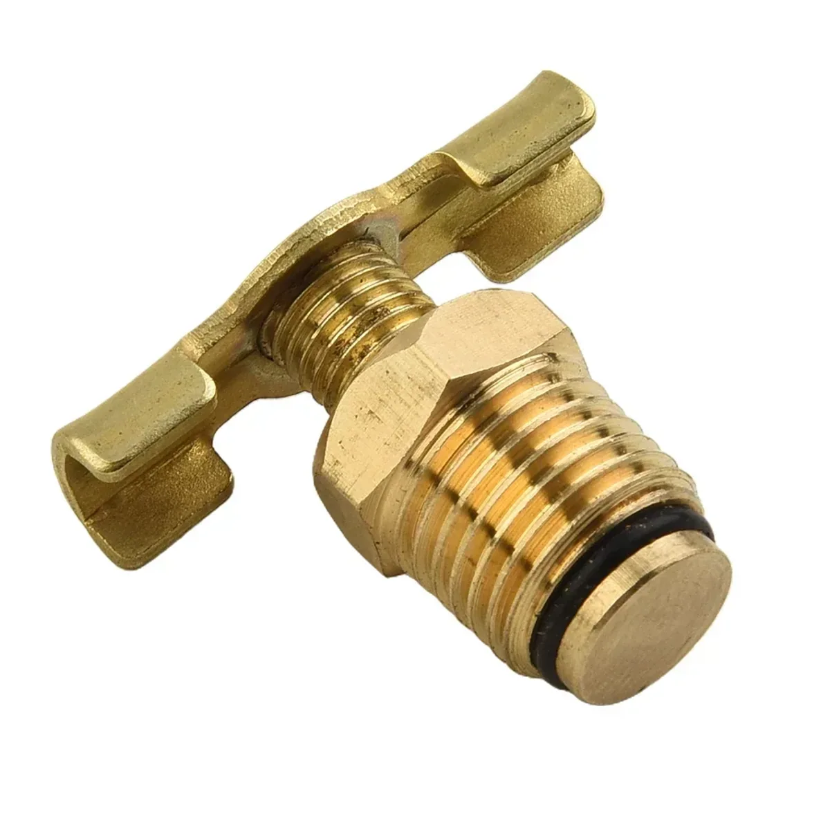 Brass hose tap style drain fitting with an O-ring and a T-handle on a plain background