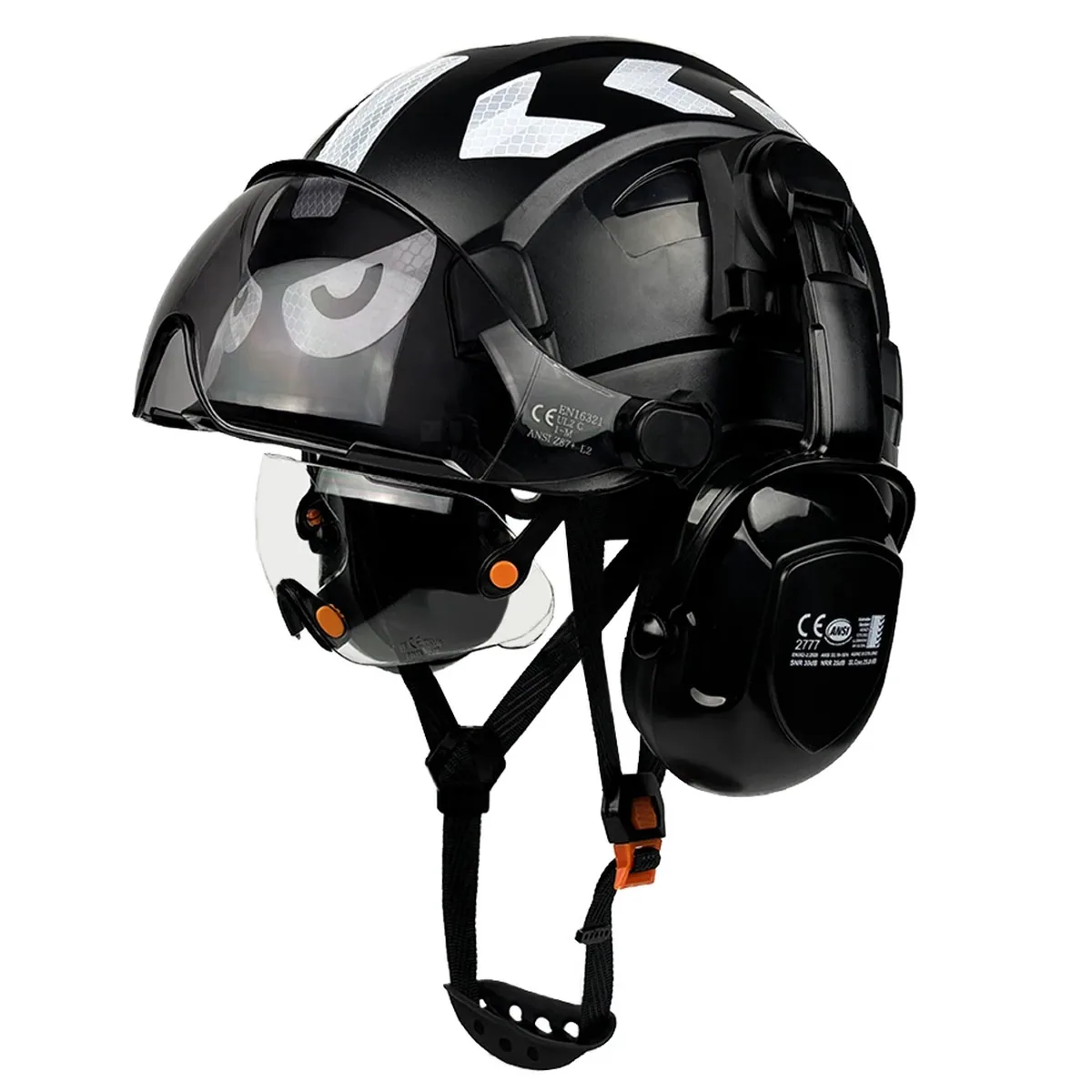 CE-certified construction safety helmet with built-in goggles, earmuffs, and a visor on an adjustable vented ABS hard hat.