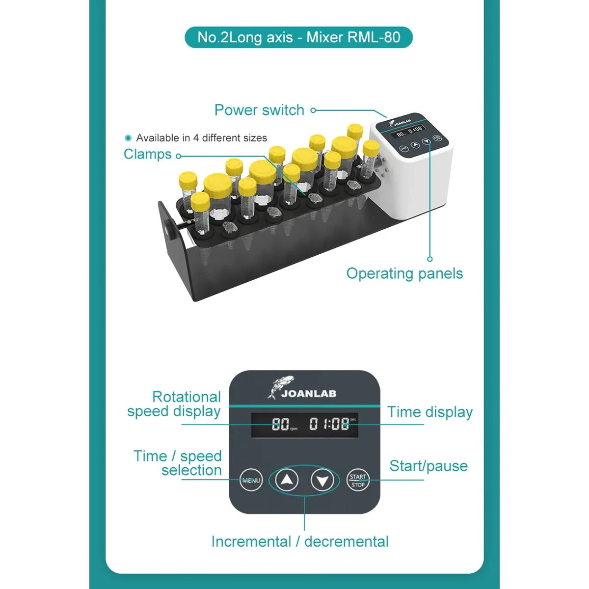 Orbital Shaker Style Tube Rotary Mixer RML-80 | 20 to 80rpm | Timer - Thumbnail 3