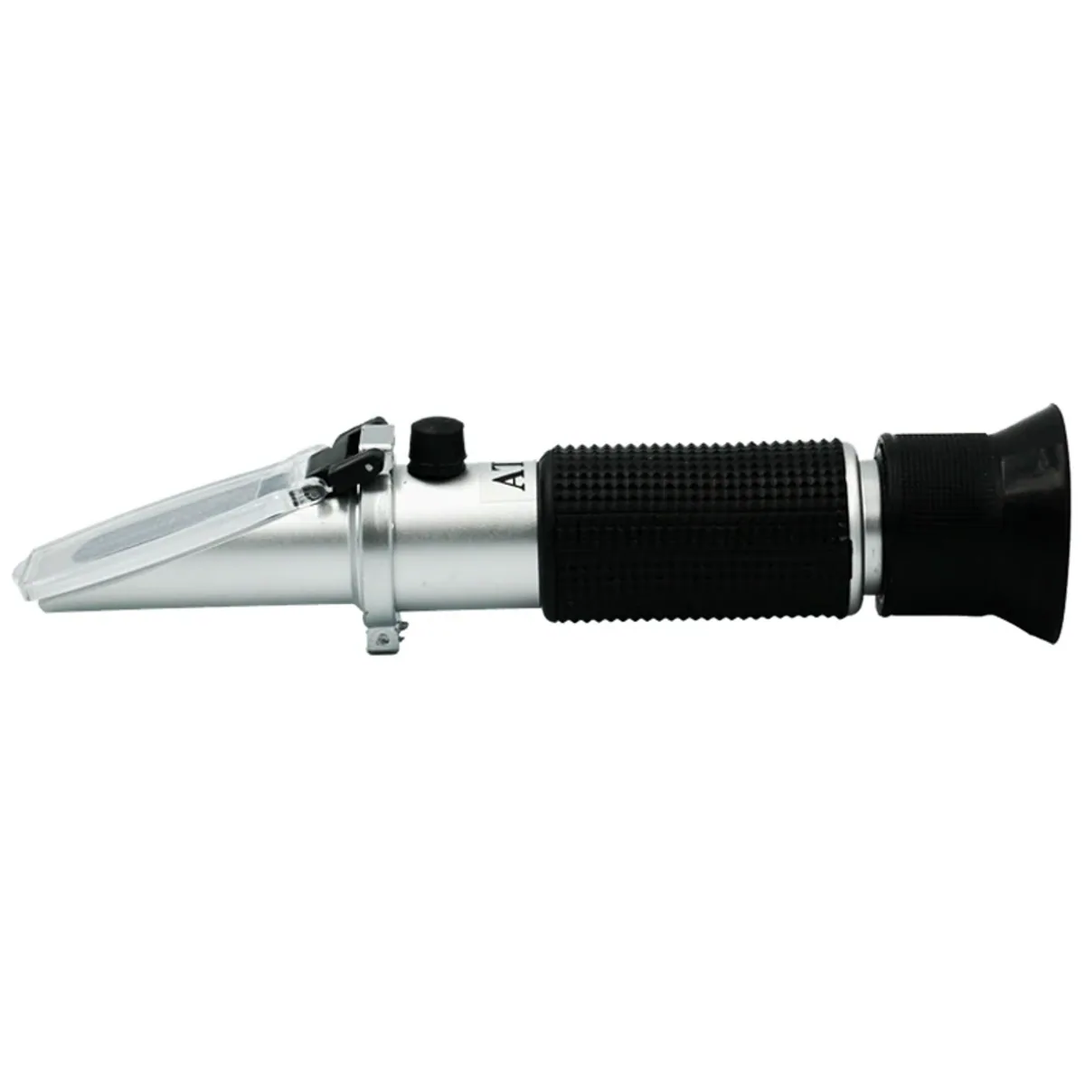 Handheld refractometer with a black rubber grip and metal eyepiece shown on a plain white background