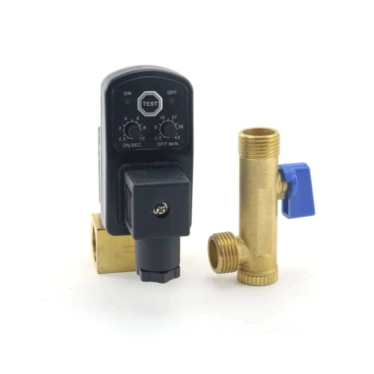 Brass solenoid drain valve with black timer unit beside a brass ball valve and fittings
