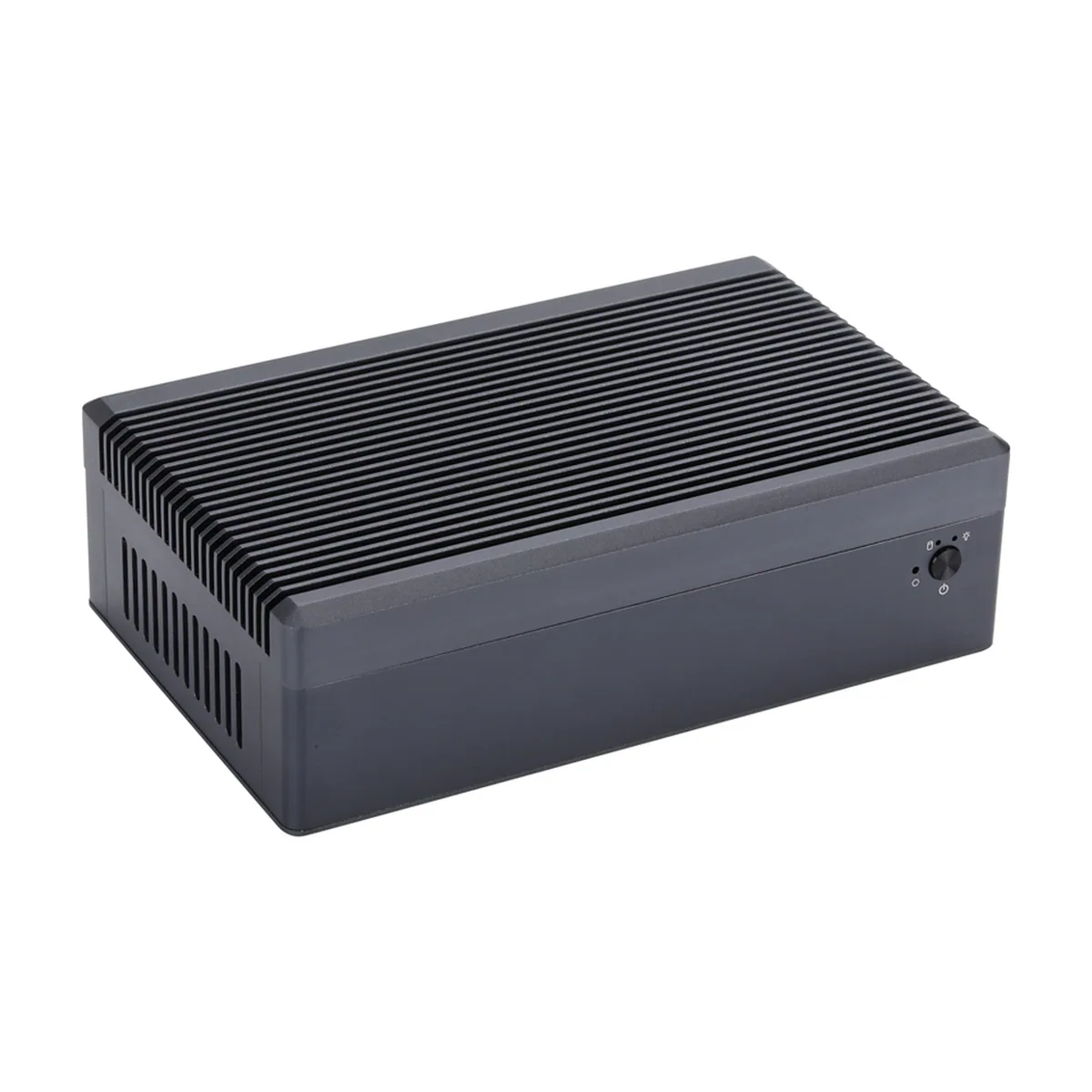 Front and top view of a fanless Firewall Appliance Mini PC with finned chassis and power button.