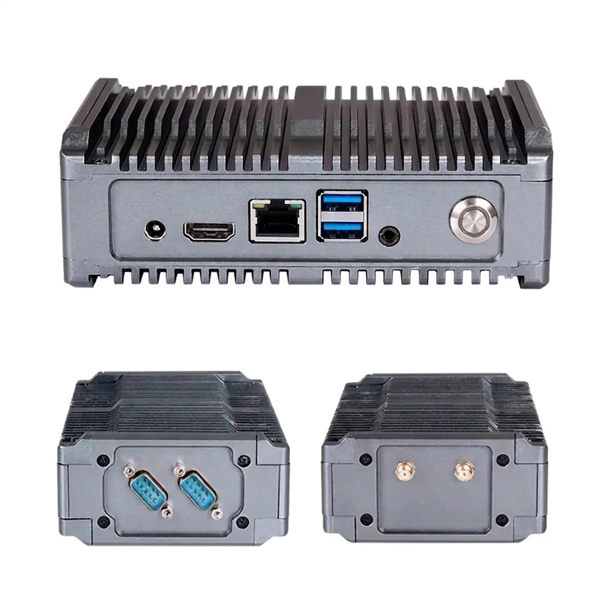 Industrial Mini PC front panel with Ethernet and USB ports, and sides with serial and antenna connectors.