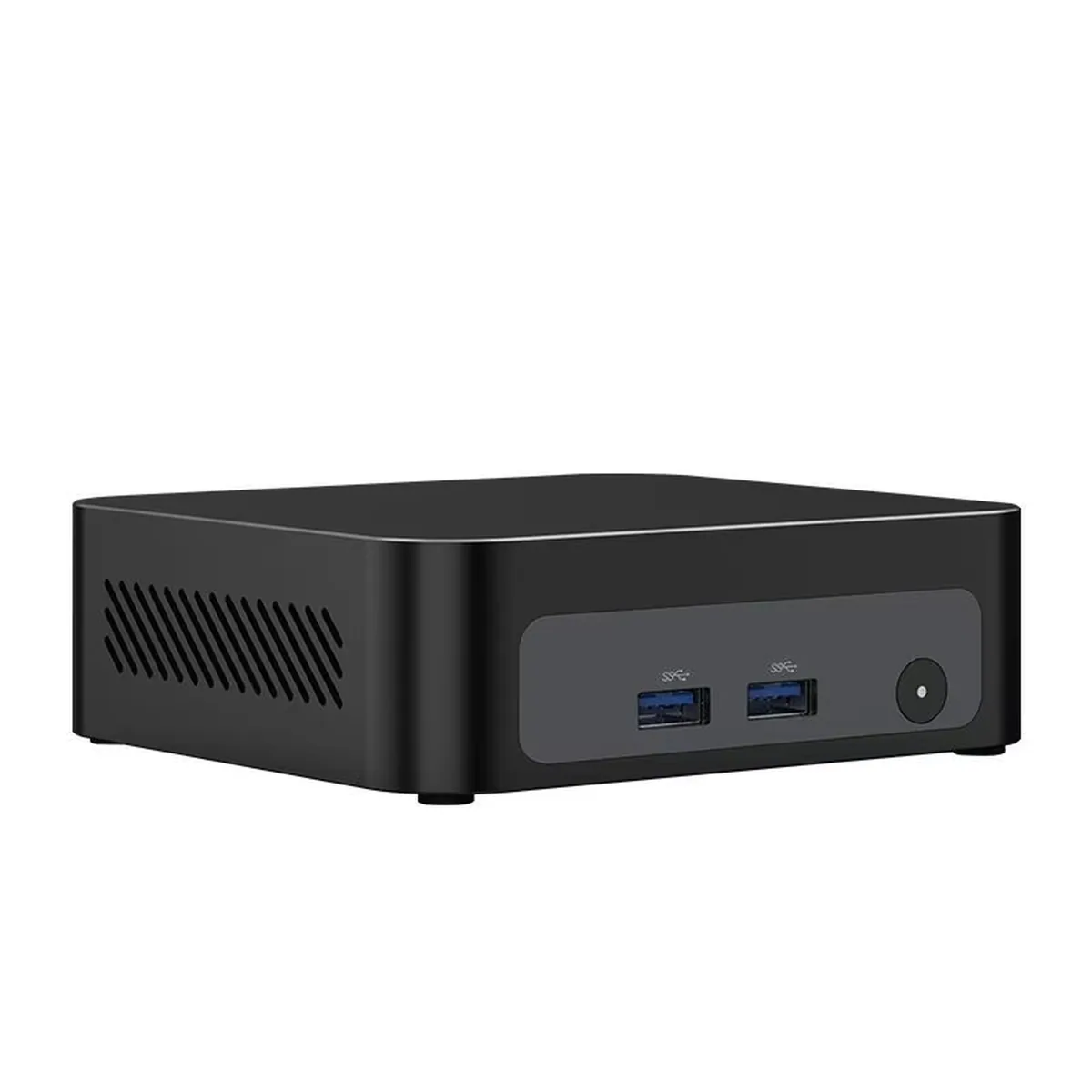Front and side of a black Ryzen Mini PC showing two USB ports, a power button, and side ventilation.