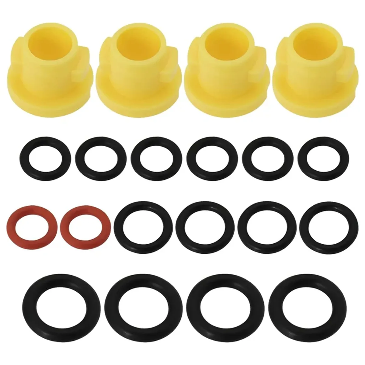 Yellow plastic bushings with black and red rubber O-rings laid out as a pressure washer seal set