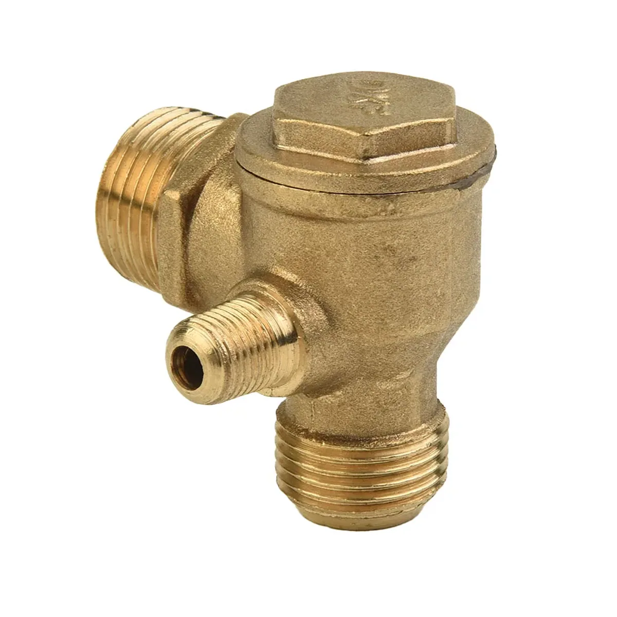 Brass three port pneumatic check valve fitting with threaded male connectors
