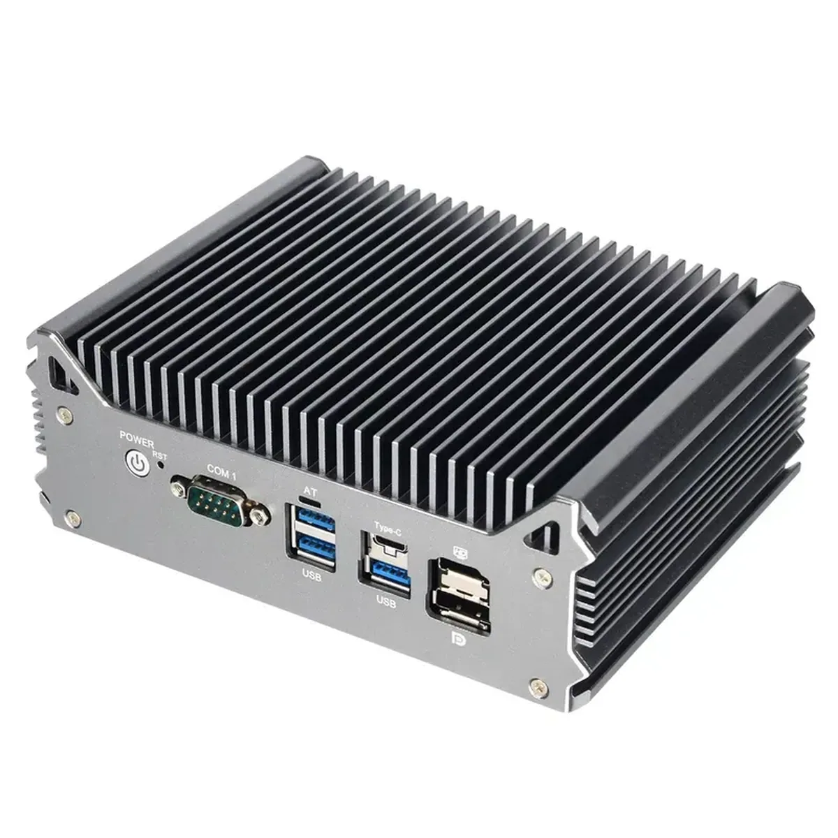 Front and top view of an Appliance Mini PC showing cooling fins, power button, serial port, and USB connectors.