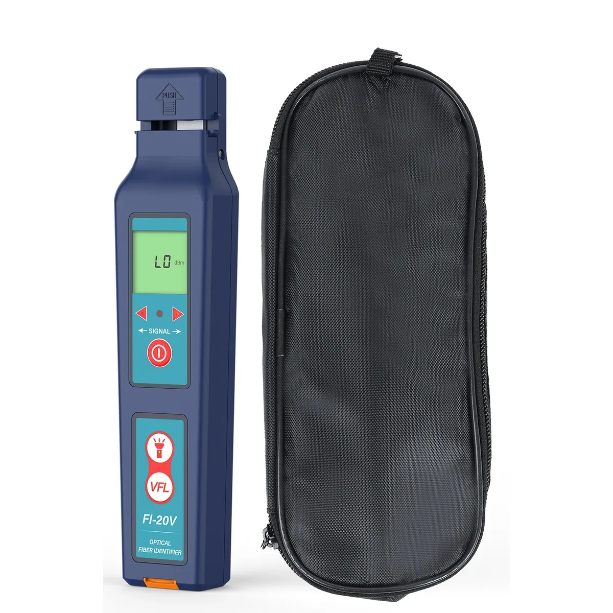 Blue handheld fibre identifier beside a black zipped pouch, with close ups of the clamp and VFL port