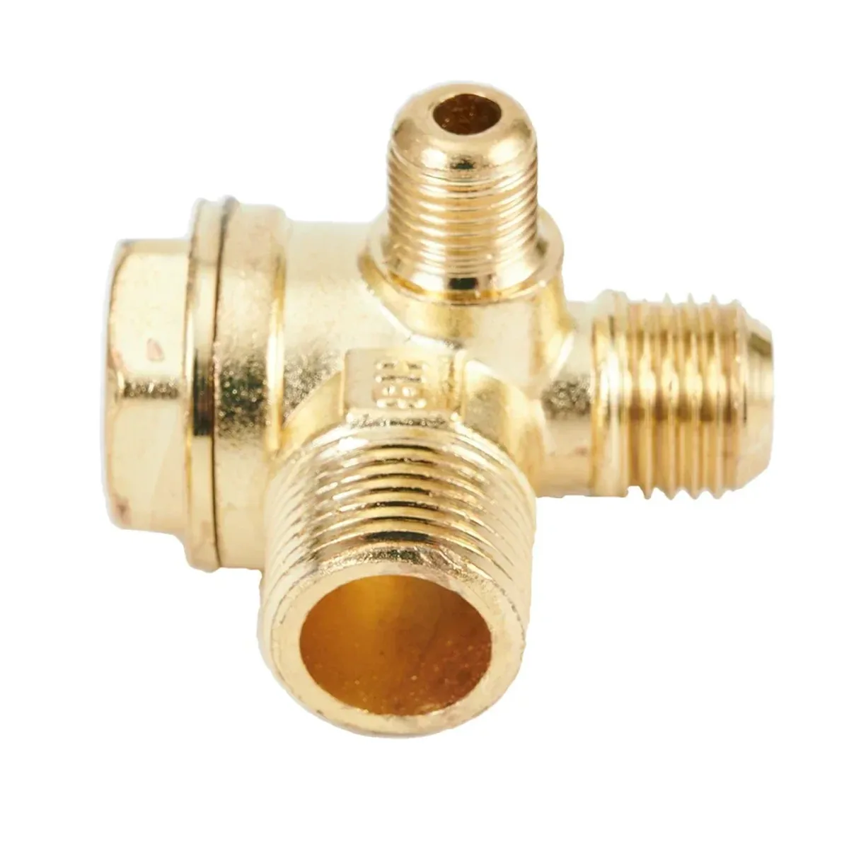 Gold zinc alloy three port air compressor check valve with male threaded ports on a white background