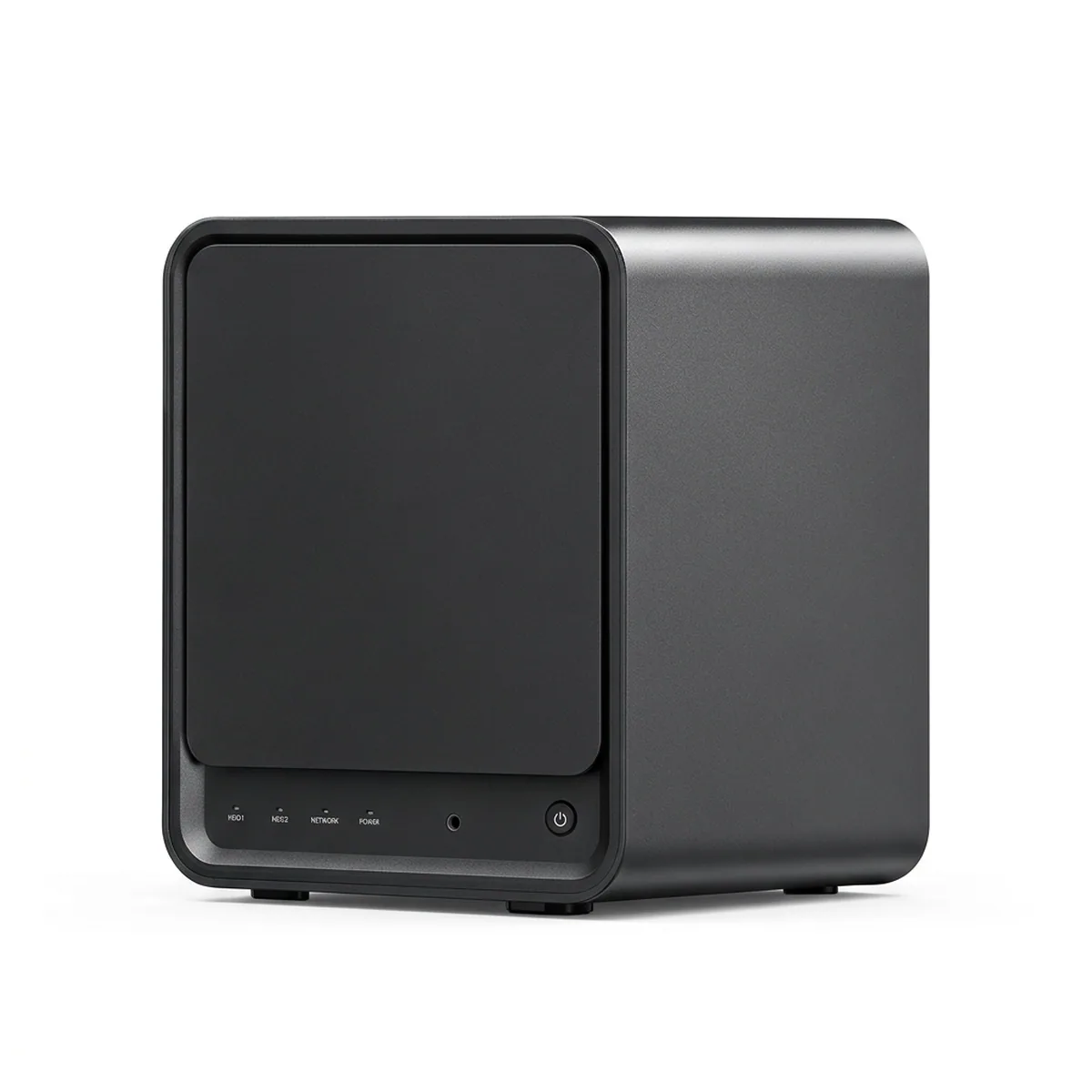 Front and side view of a black NAS Mini PC showing power button and status indicator lights.