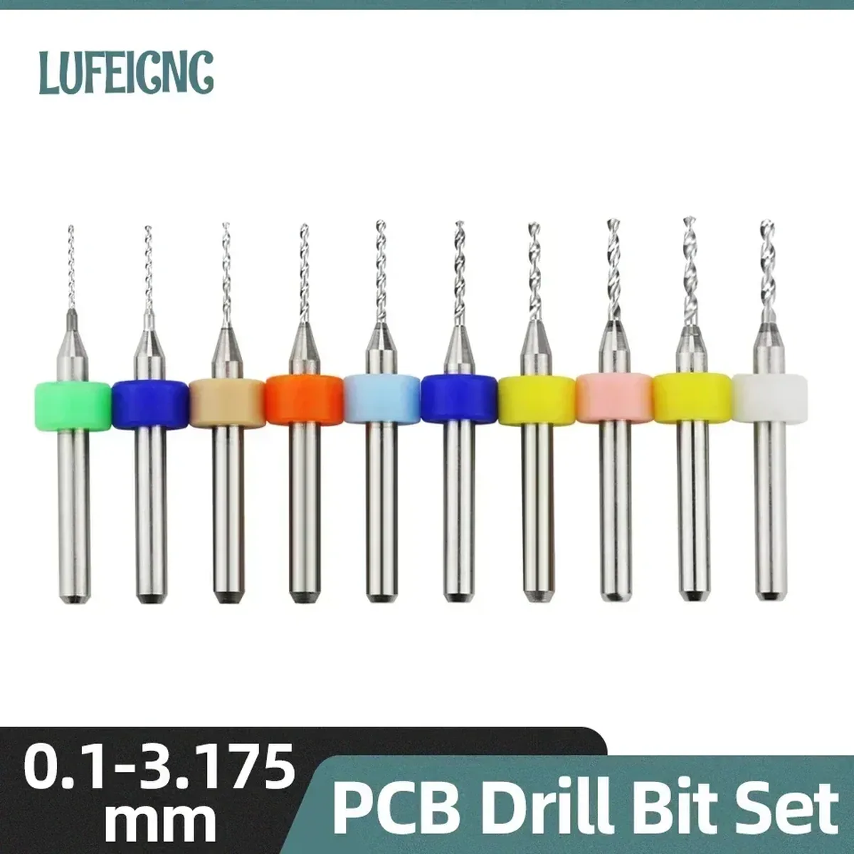 Tungsten steel PCB drill bit set of 10 micro diameter bits with 1/8 inch shank for precision circuit board drilling and electronics projects.