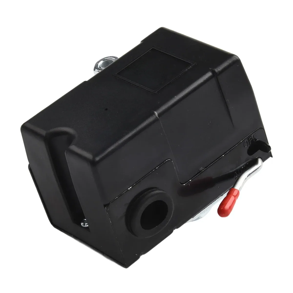 Black air compressor pressure switch with a metal lever and red tab on a plain background
