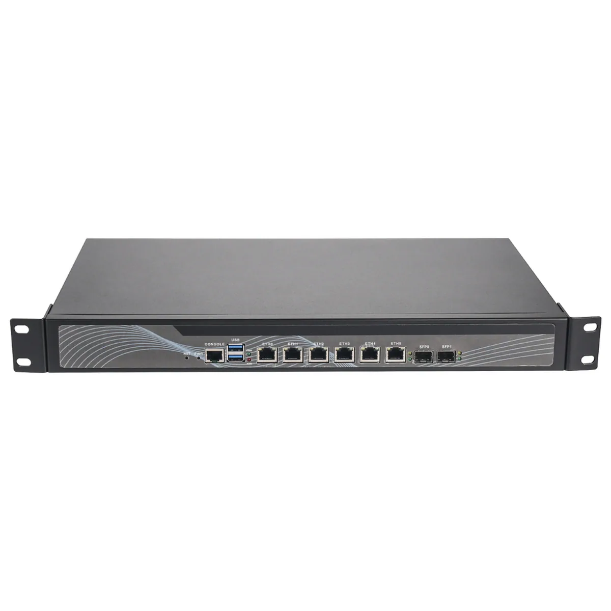 Front view of a 1U Firewall Appliance showing console, USB, six Ethernet, and two SFP ports.