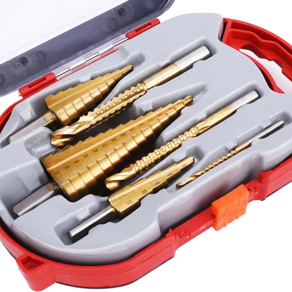 6-piece titanium step drill bit set with hexagonal shanks and straight groove design for precise metal drilling and milling.