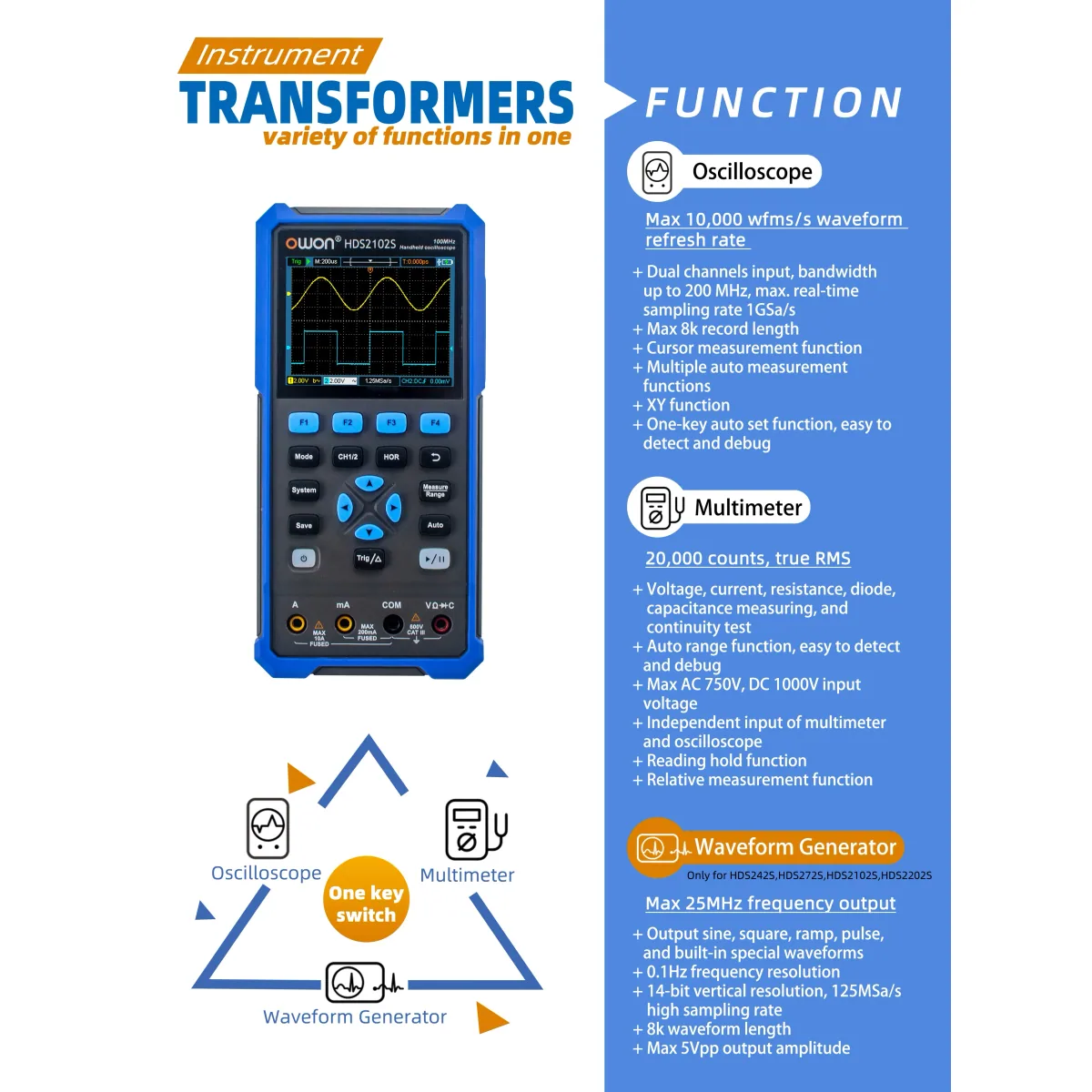 Handheld Digital Oscilloscope HDS200 | 2CH 40MHz to 200MHz | 25MHz Generator - Thumbnail 6