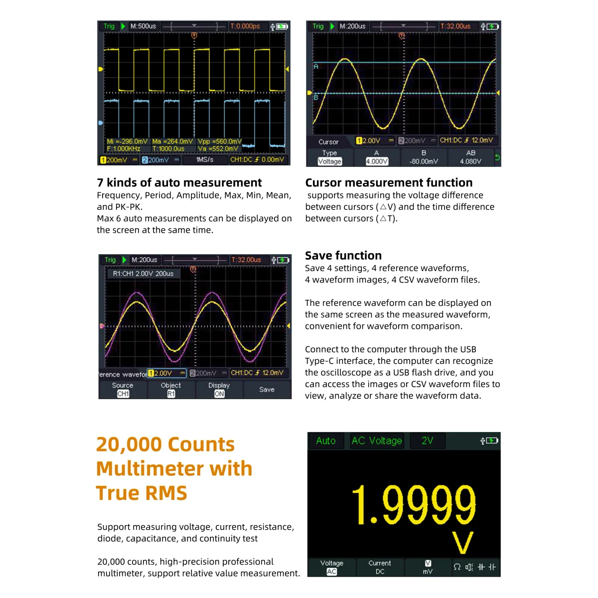 Handheld Digital Oscilloscope HDS200 | 2CH 40MHz to 200MHz | 25MHz Generator - Thumbnail 4