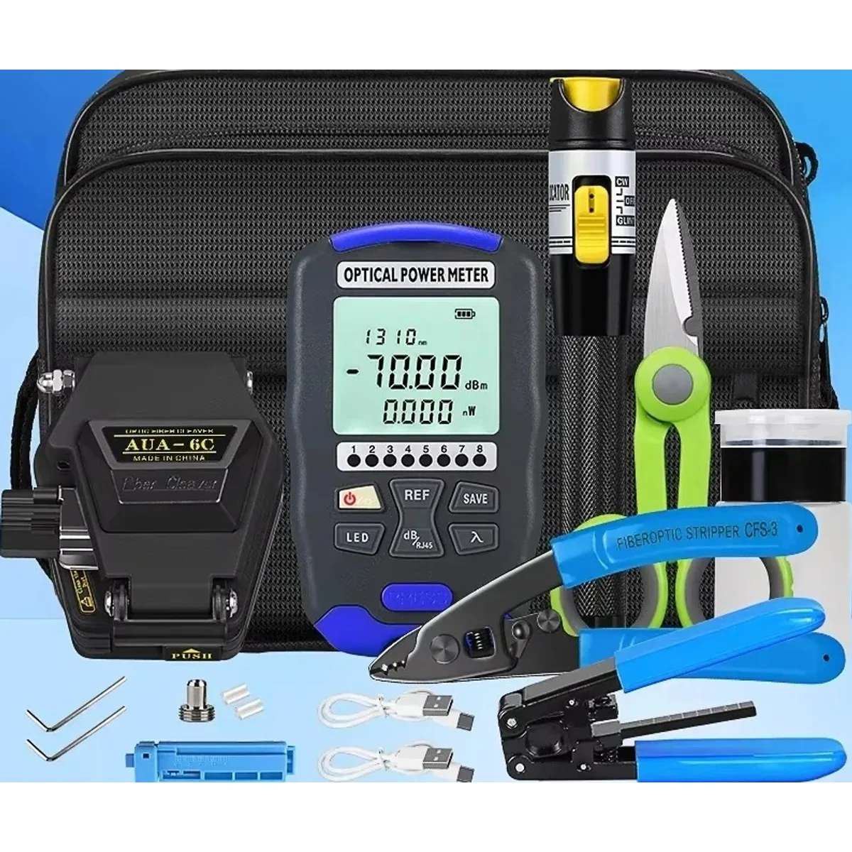 Fibre Termination Kit 22pcs | OPM -70 to +10dBm, 15mW VFL | AUA-6C Cleaver