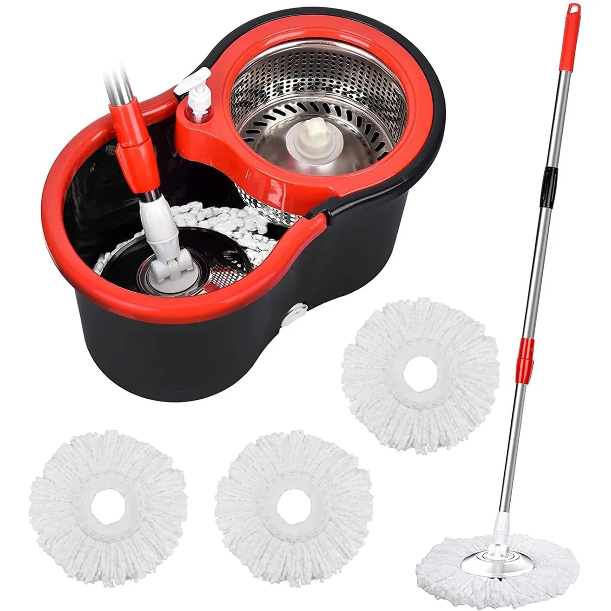 Spin Mop & Bucket System | 360° Wringing Basket | 3 Microfiber Heads
