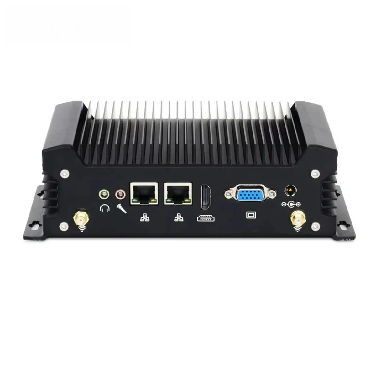 Rear panel of an Industrial Mini PC with audio, dual LAN, HDMI, VGA, power, and antenna connectors.