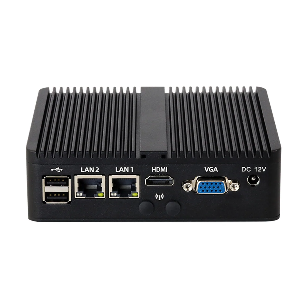 Rear panel of a black Industrial Mini PC showing dual LAN, HDMI, VGA, and USB ports.