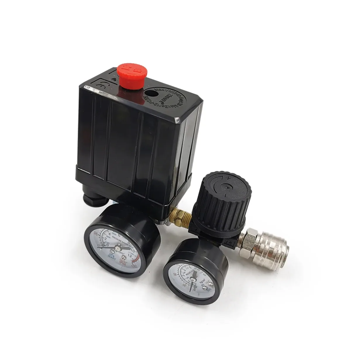 Air compressor pressure switch with two pressure gauges, a regulator knob and brass fittings on a white background