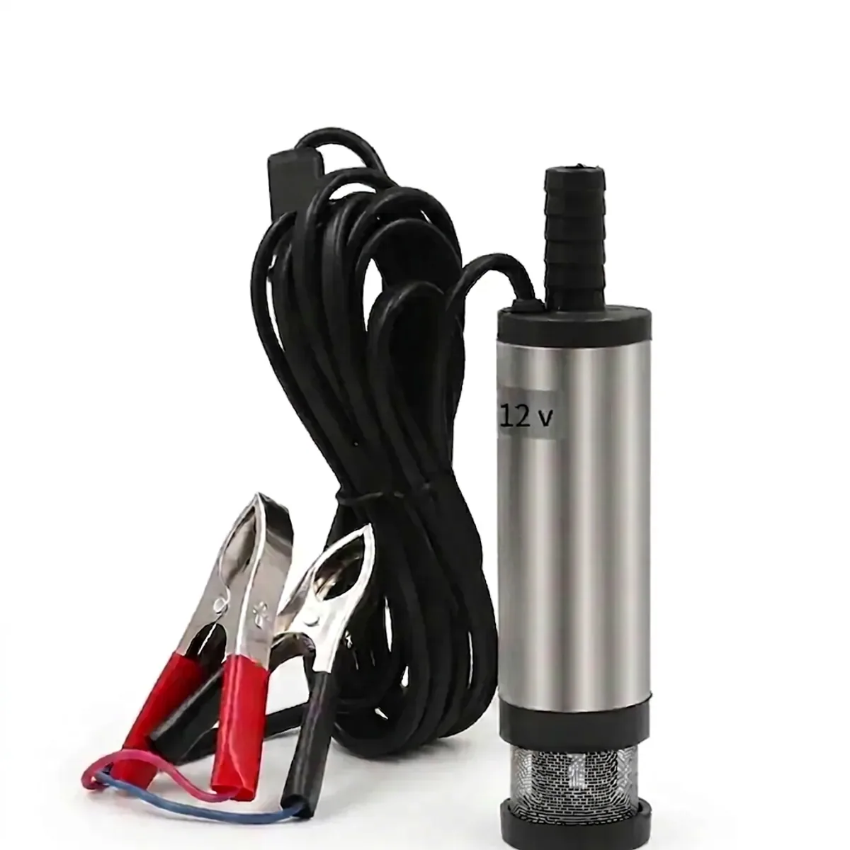 Silver aluminium 12V diesel transfer pump with power cable and red and black battery clips.
