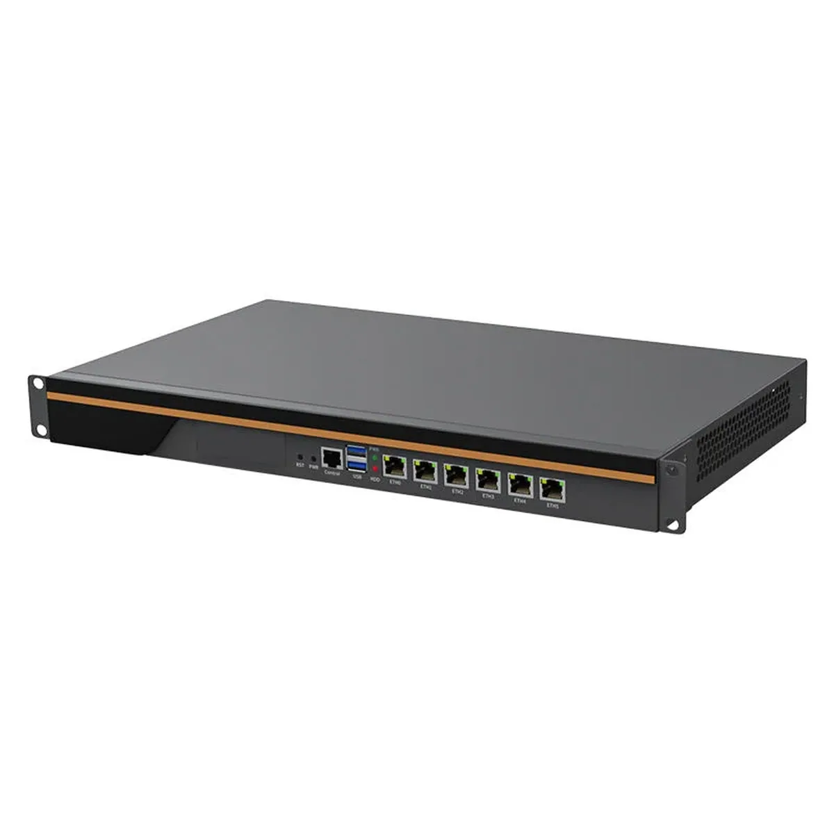 Front and side view of a 1U Firewall Appliance showing Ethernet ports, USB slots, and rackmount ears.