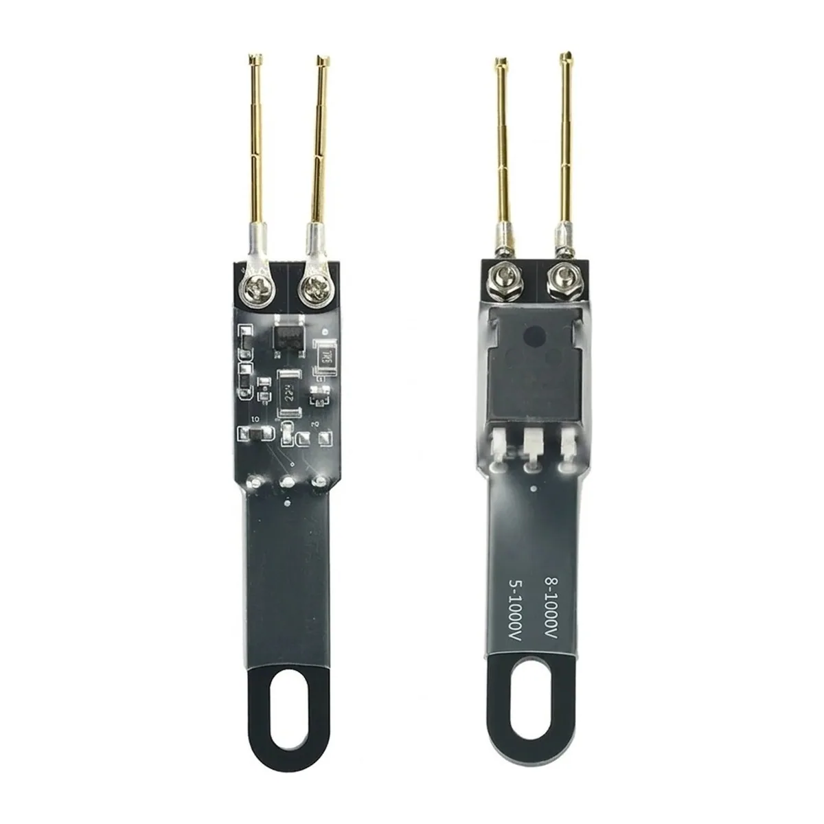 Front and back of the black discharge pen side by side, circuit side on the left and sleeved MOSFET on the right