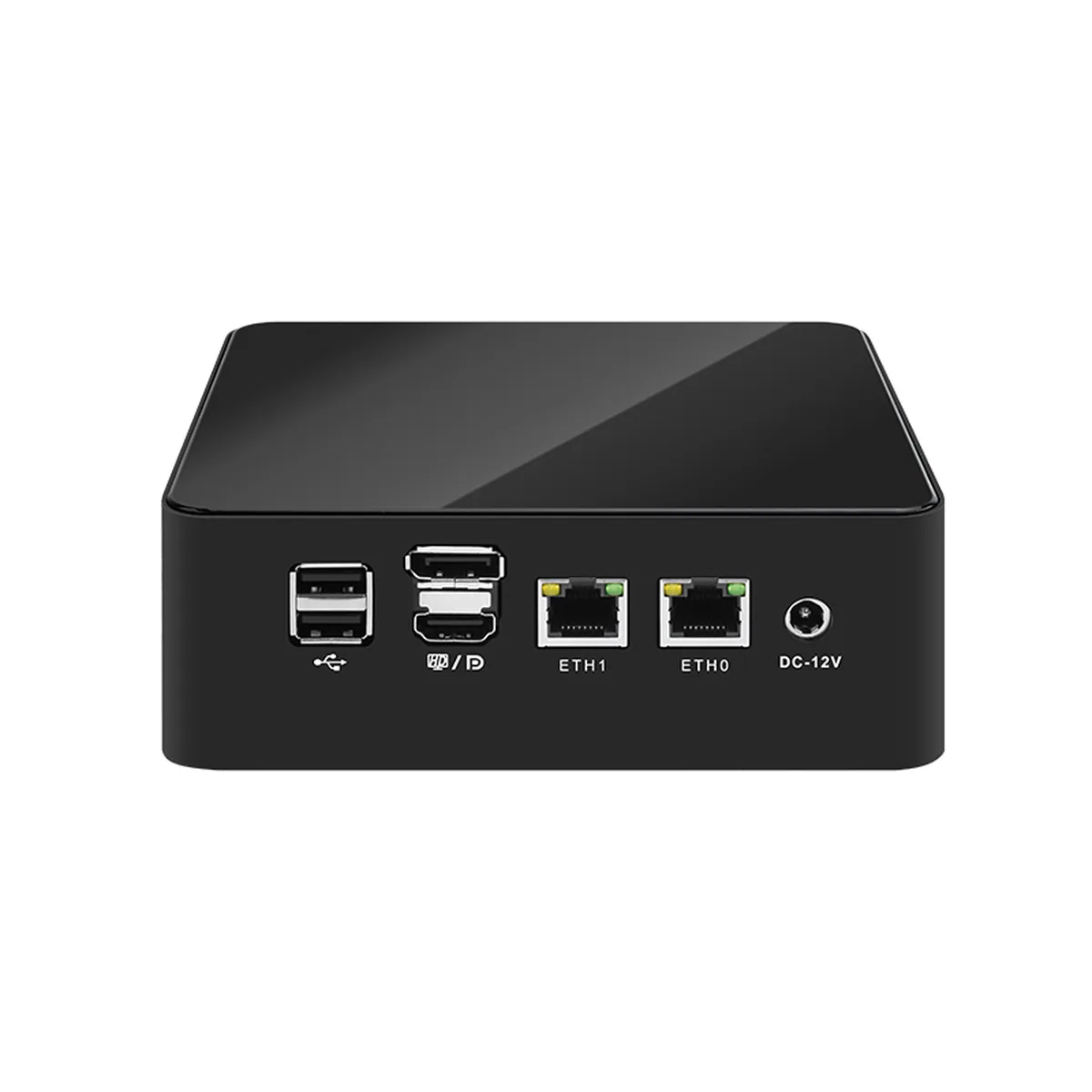 Rear view of Appliance Mini PC showing dual LAN, video outputs, USB, and DC-12V power ports.