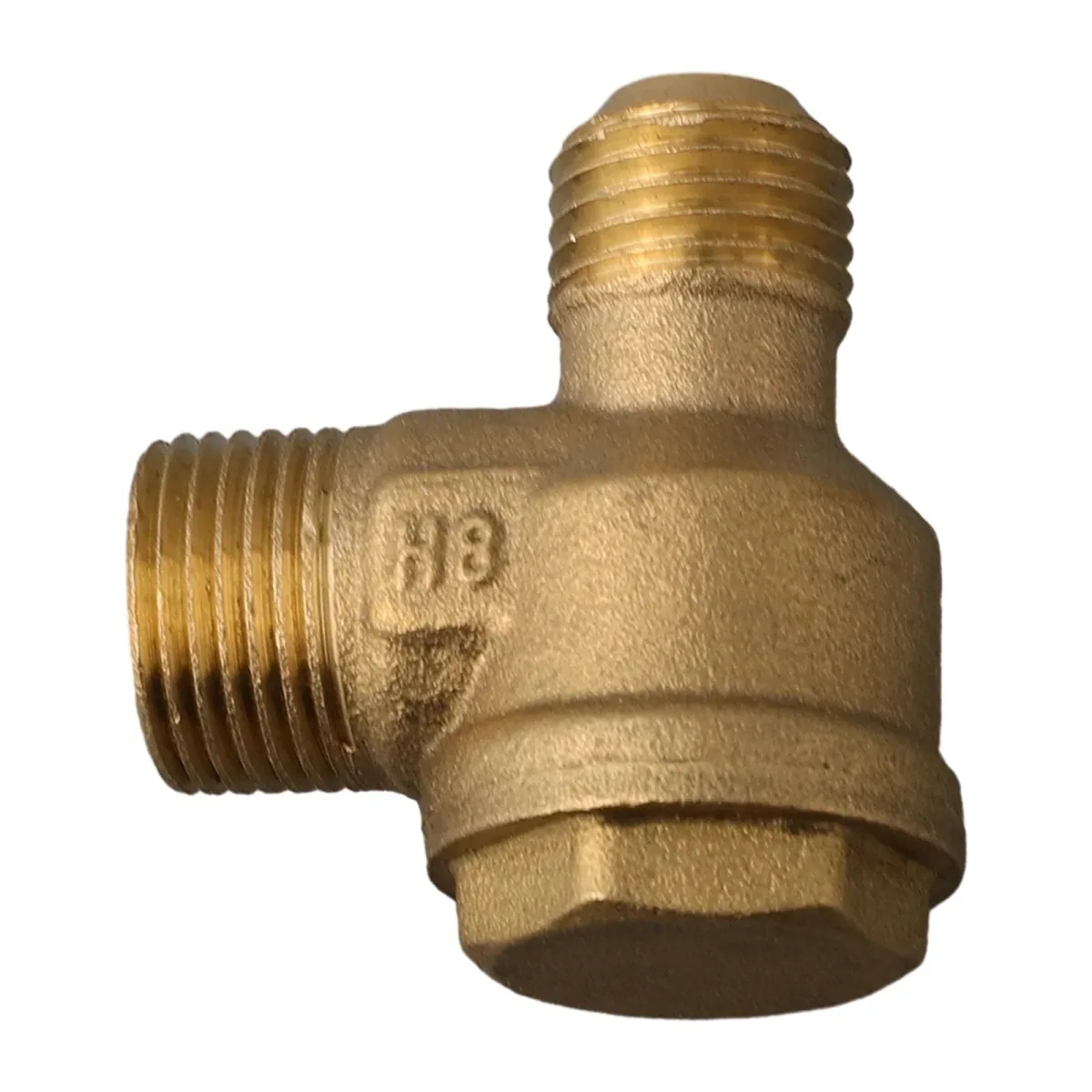 Brass threaded elbow pipe fitting with stamped markings on the body