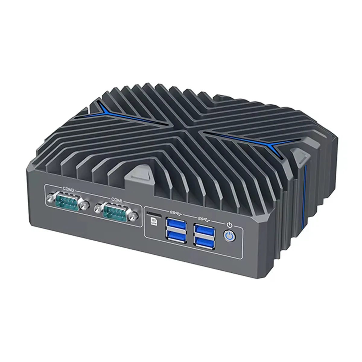 Firewall Appliance Mini PC showing front panel with dual COM ports, four USB ports, SIM slot, and finned heat sink.
