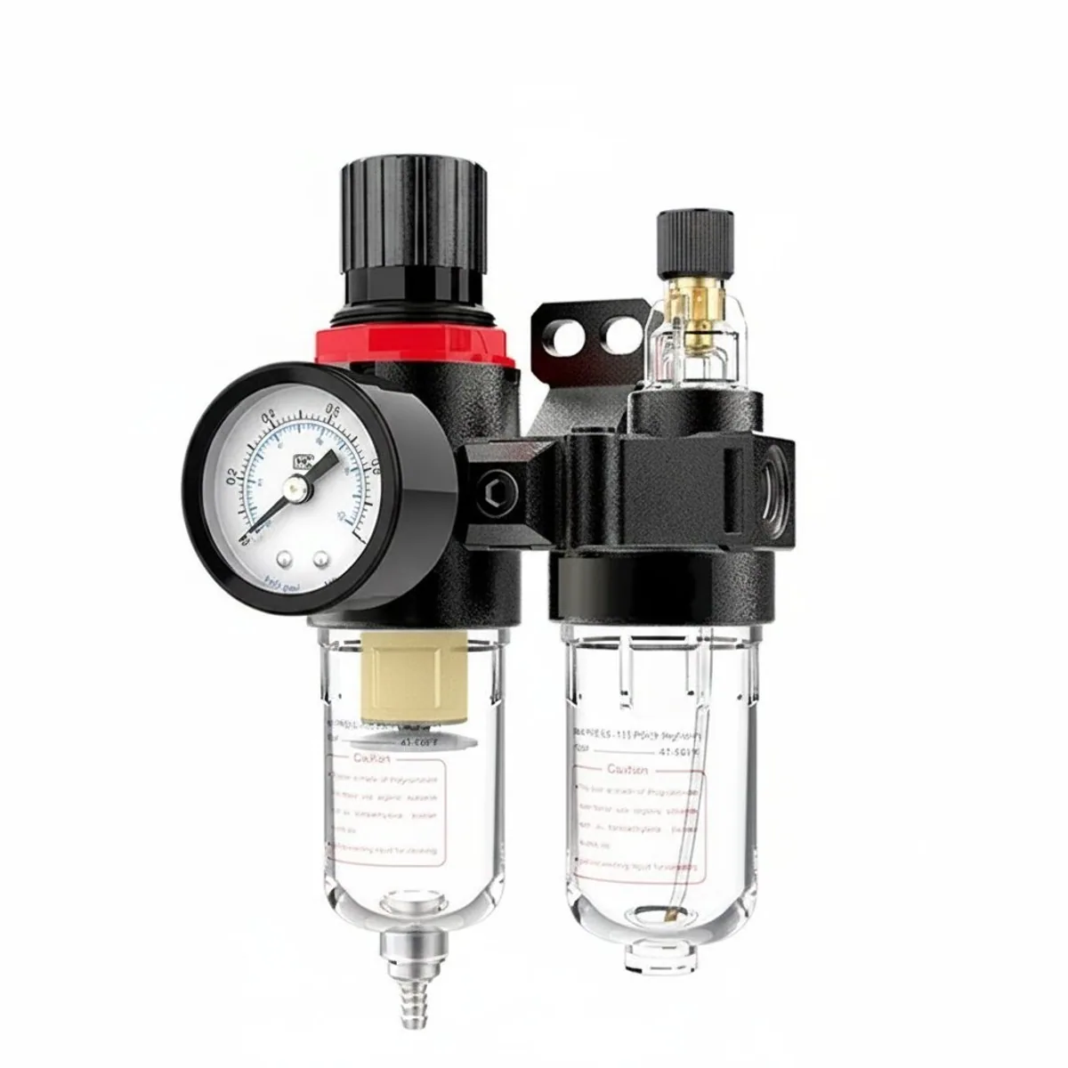 AFC-2000 air compressor filter regulator combo unit with 1/4 port, featuring water and oil separator, pressure gauge, and trap valve.