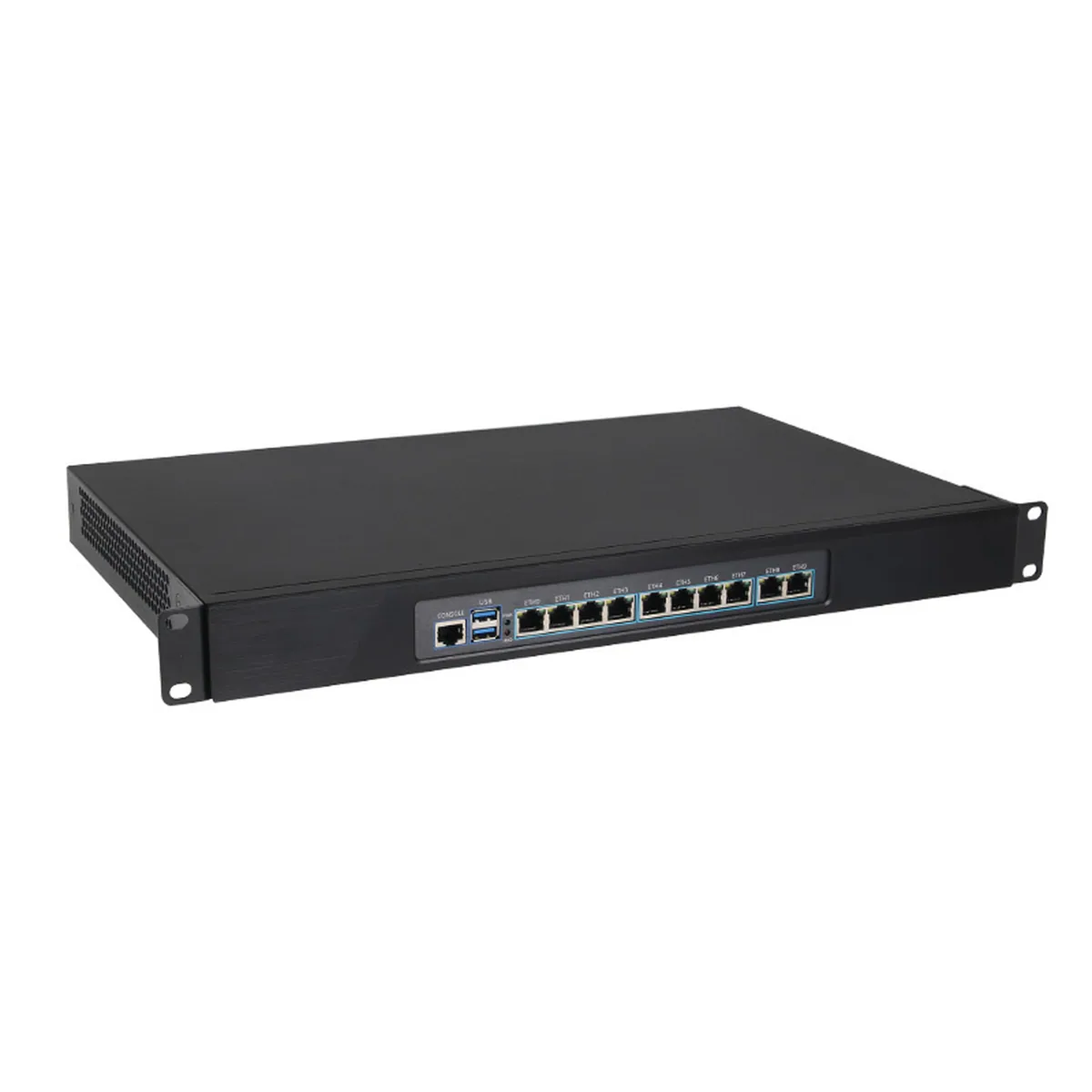 Front and side view of a black 1U Firewall Appliance showing console, dual USB, and eight Ethernet ports.