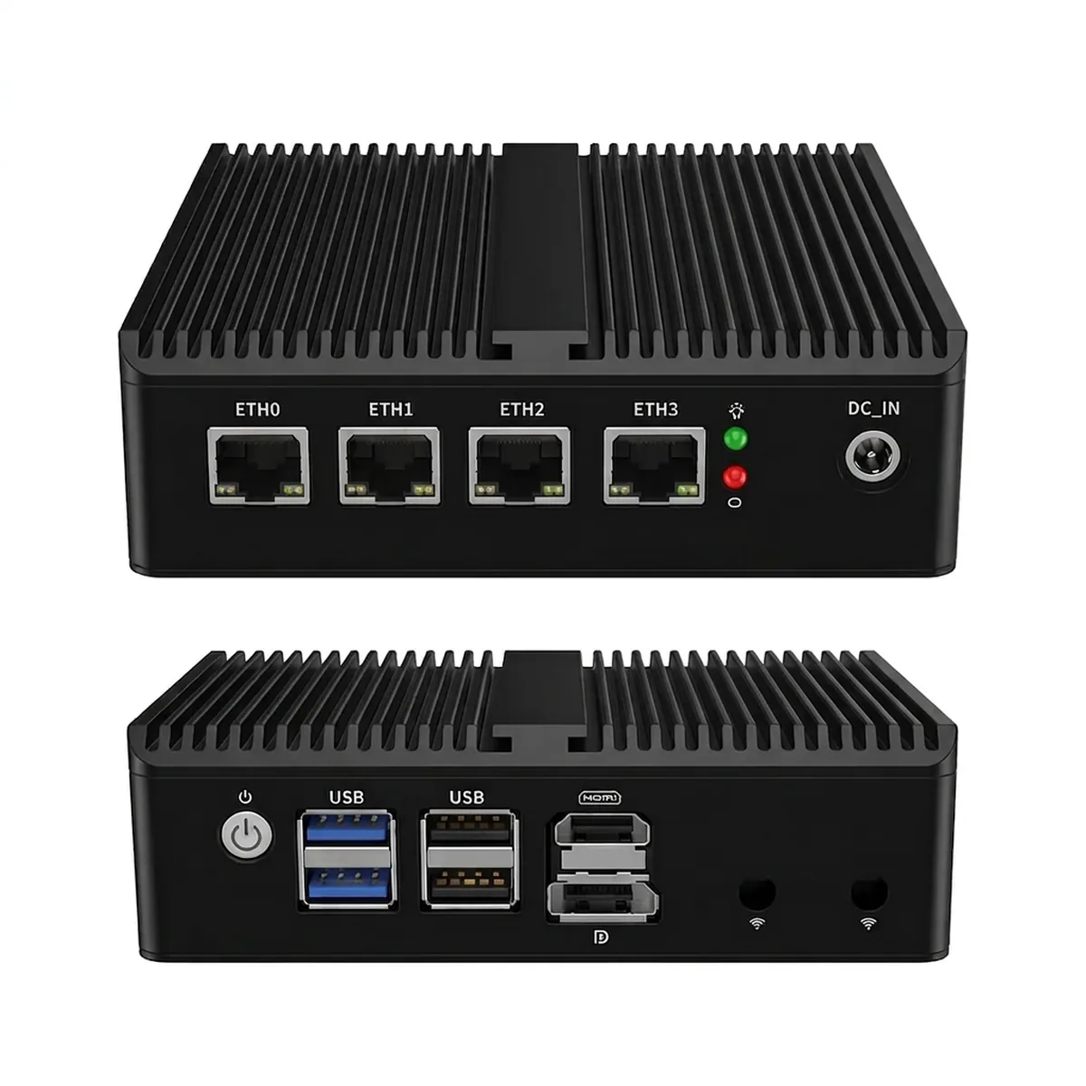 Front and rear panels of a Firewall Appliance Mini PC showing Ethernet, USB, HDMI, and DisplayPort interfaces.