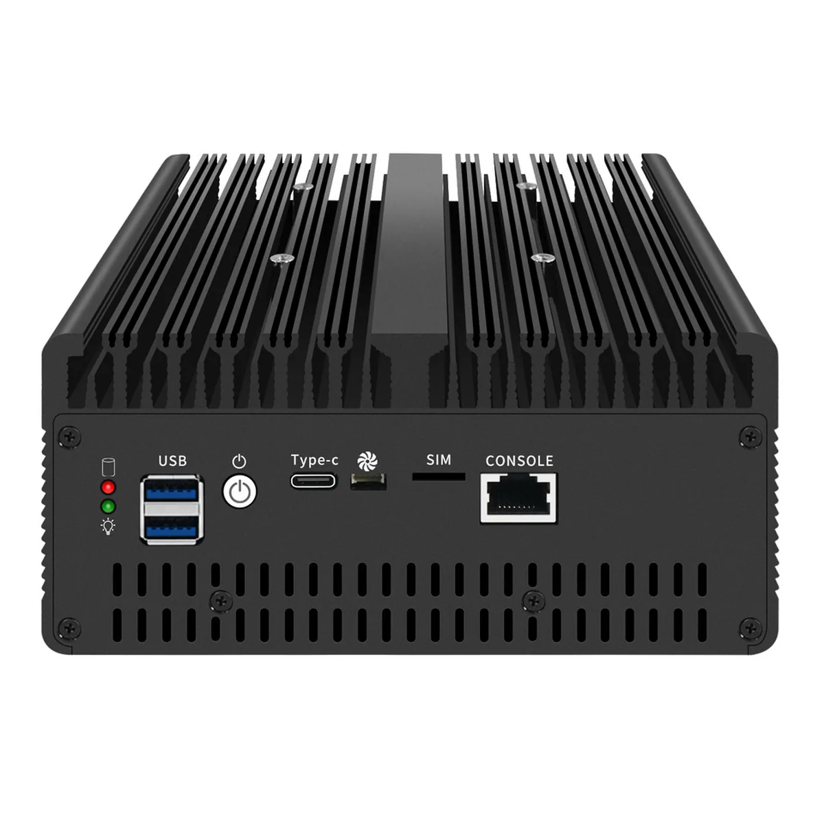 Front panel of the Firewall Appliance Mini PC showing USB, Type-C, SIM, and console ports below heatsink fins.