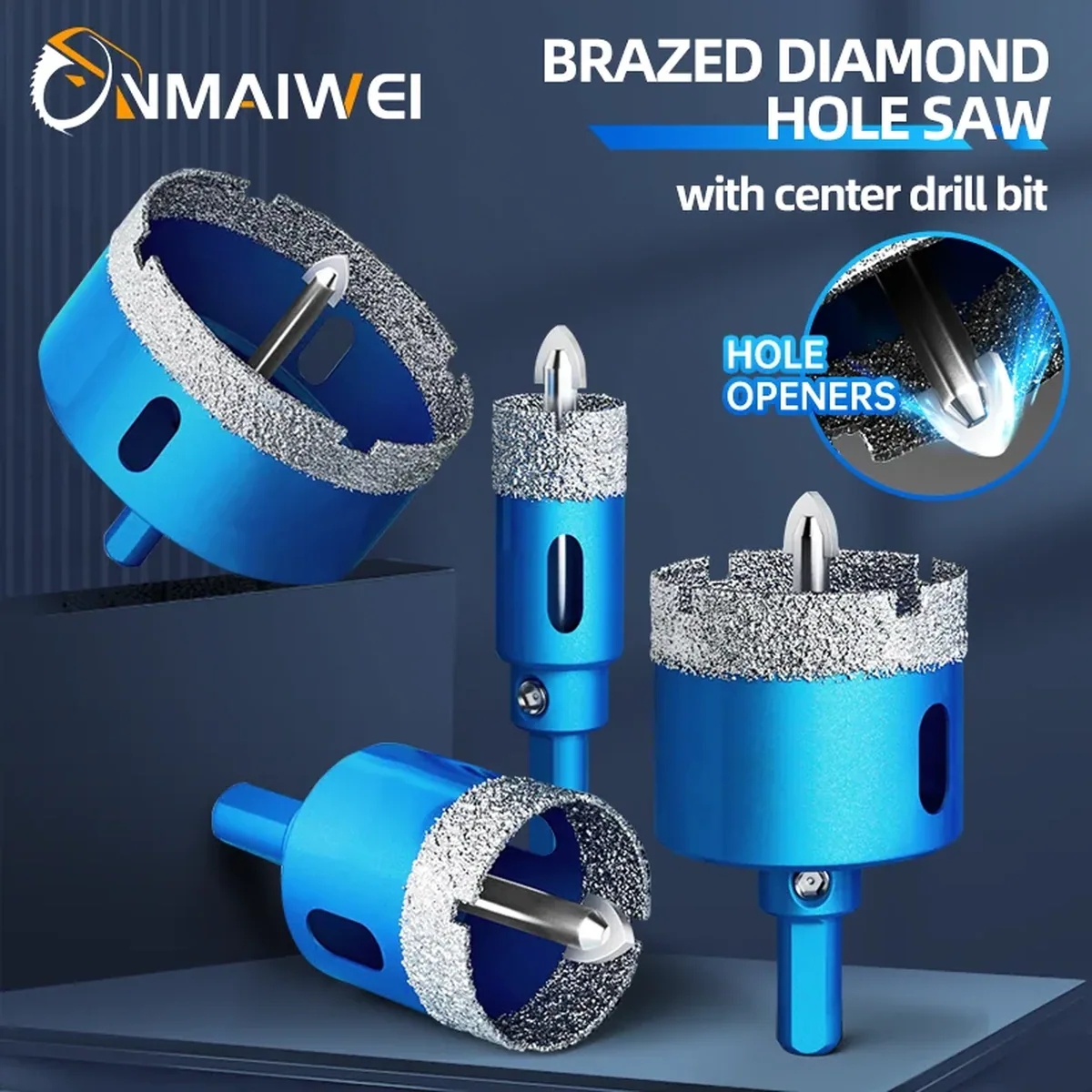 Diamond Coated Drill Bits Set for tile, glass, marble, and granite, featuring 18-150mm hole saws with a position drill for precise starts.
