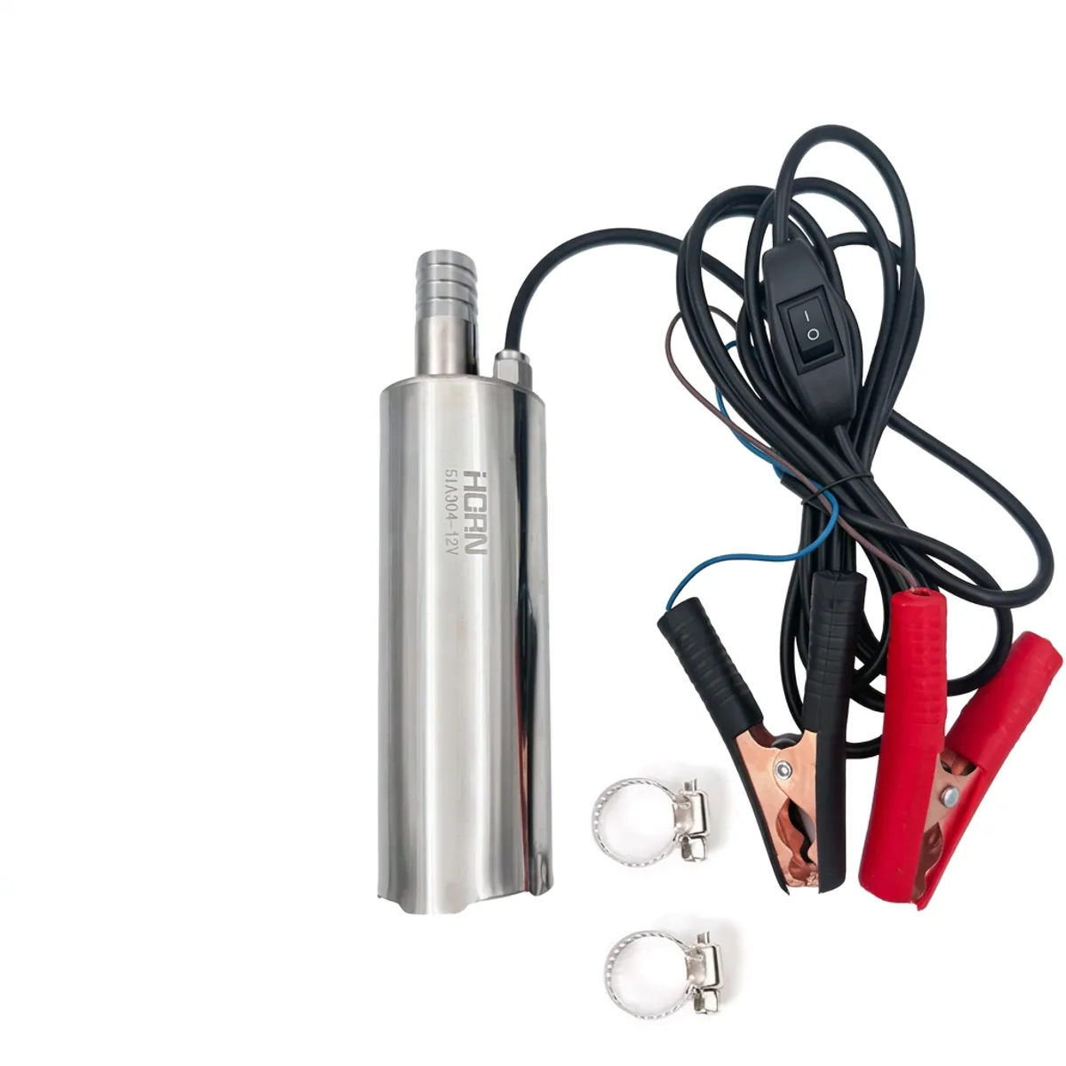 Stainless steel diesel transfer pump with wired battery clamps, switch, and two hose clips.