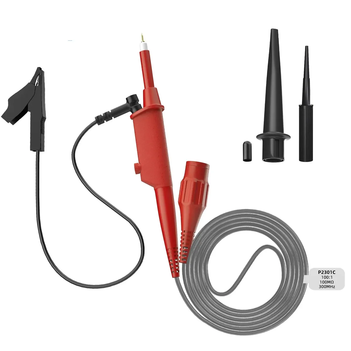 Red P2301C high voltage probe with grey cable, ground lead with crocodile clip, hook tip and adjustment tool