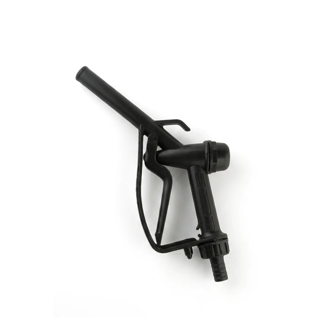 Black plastic manual nozzle for diesel transfer pump systems with hose tail fitting.