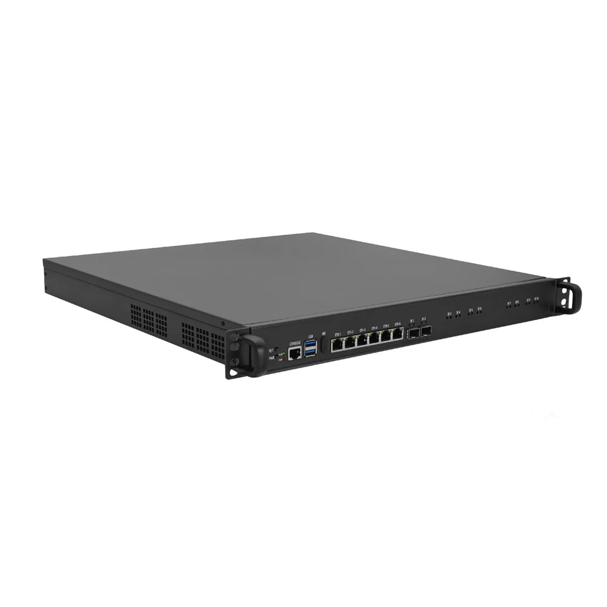 Front and side view of Appliance Mini PC showing network ports, USB, and console in a rackmount chassis.