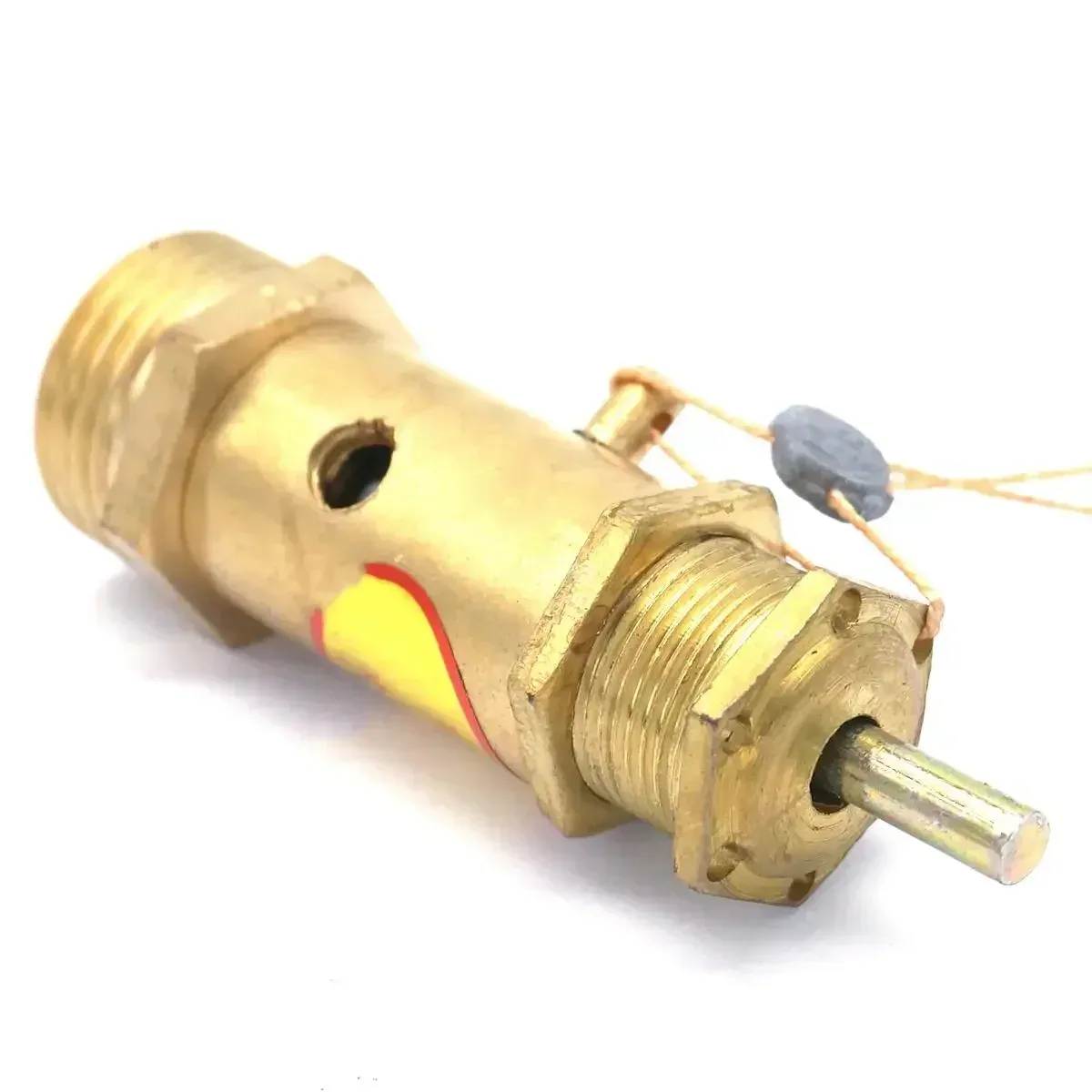 Brass pressure relief safety valve with a lever and sealing wire on a hexagonal threaded body