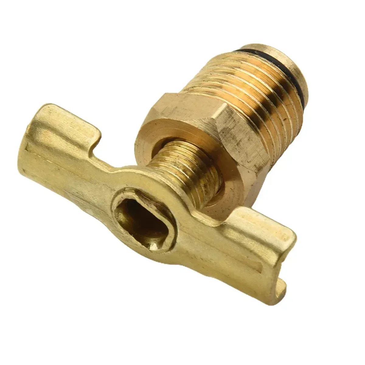 Brass threaded tap valve with a T-shaped handle shown from the side on a plain background