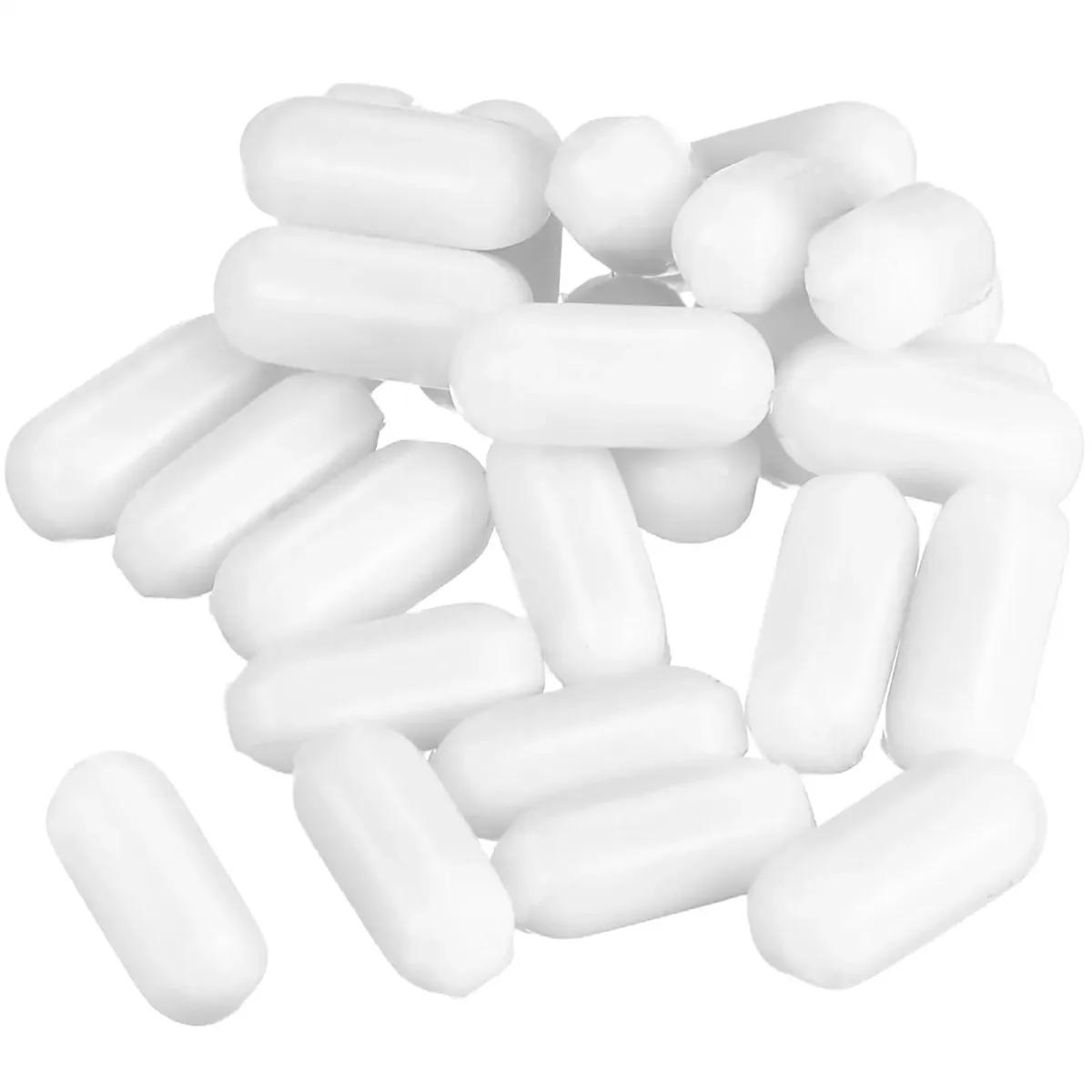 Pile of white oval capsule shaped PTFE magnetic stir bars heaped together on a plain background