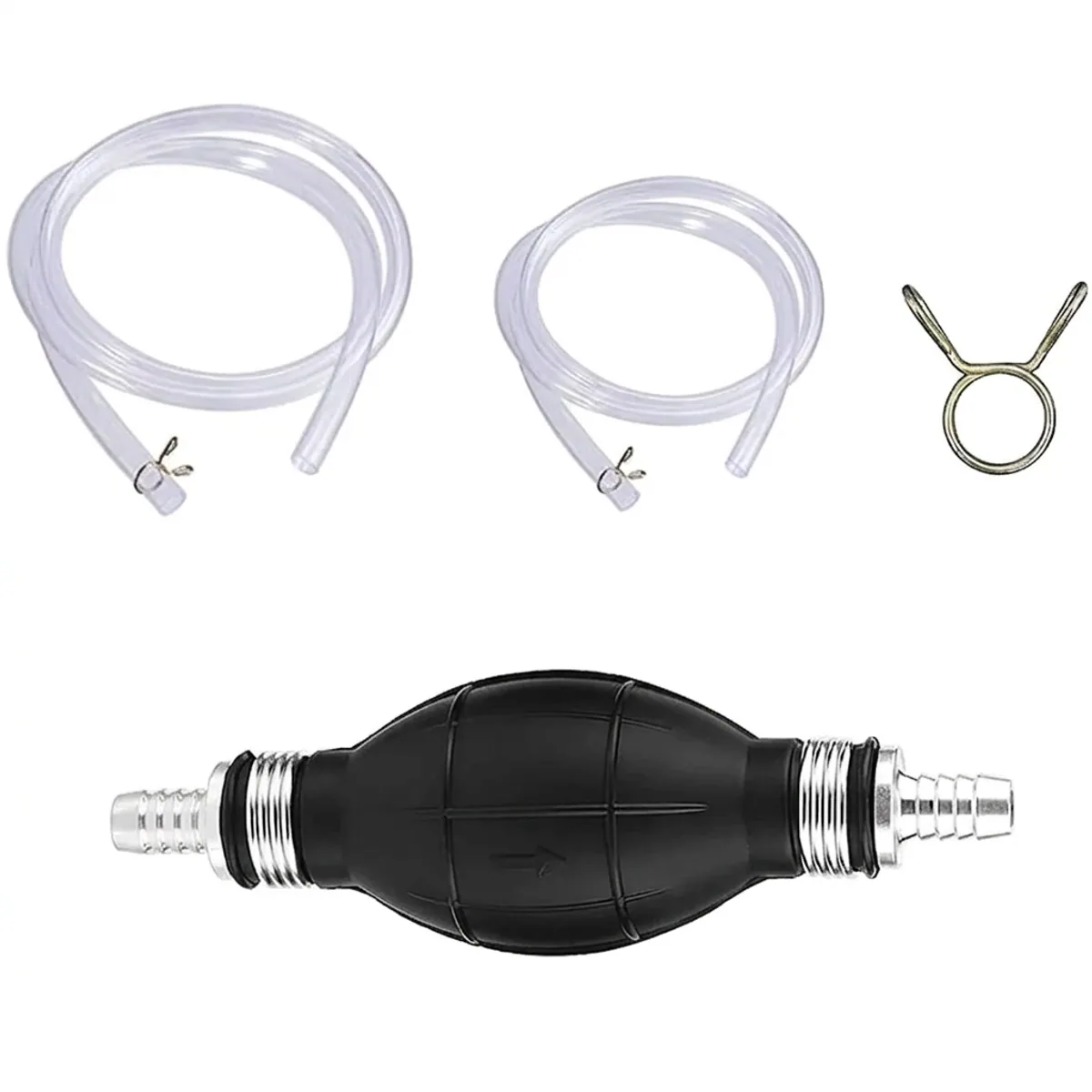 Compact manual hand fuel pump with squeeze bulb and flexible clear hoses for fluid transfer